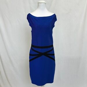 Bebe Womens XL Bandage Dress Royal Blue Black Bodycon Glam Off Shoulder Coquette